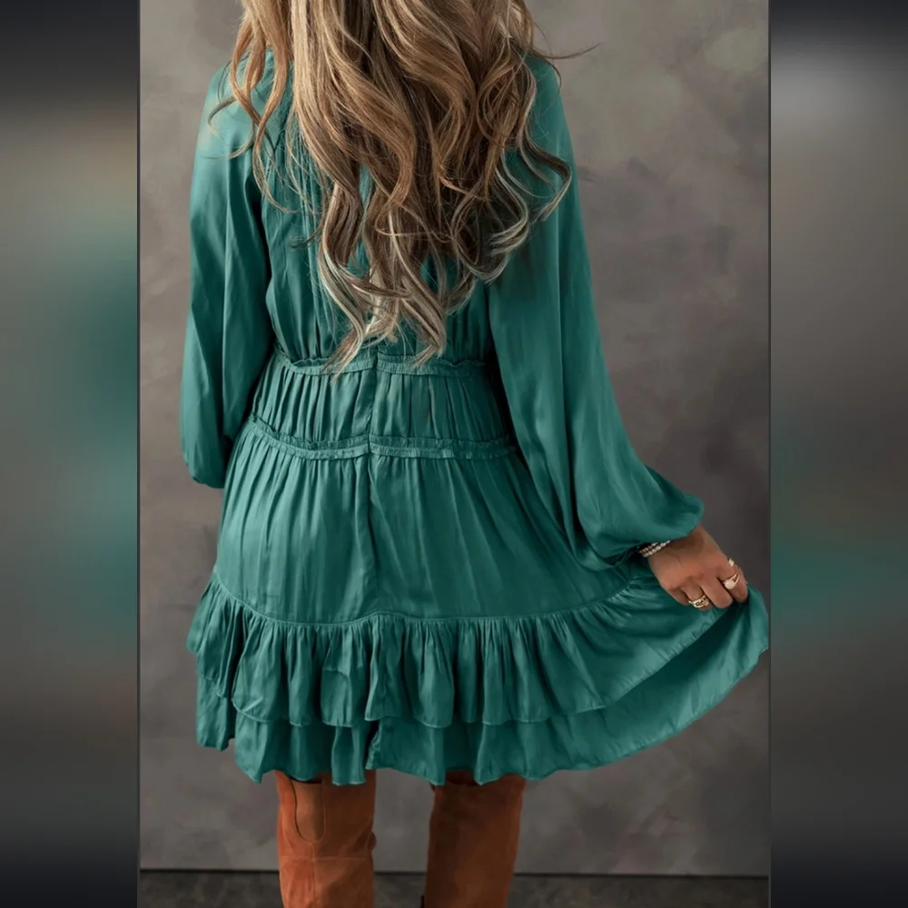 Teal Ruffle Babydoll Mini Dress - Picture 2 of 6